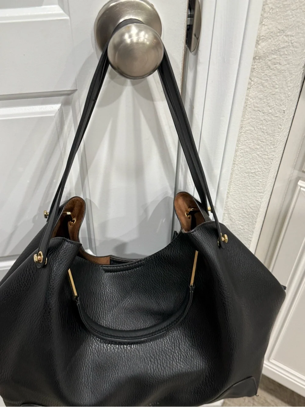 Sondra Robert’s Squared Black Pebble Leather Convertible Hobo Bag